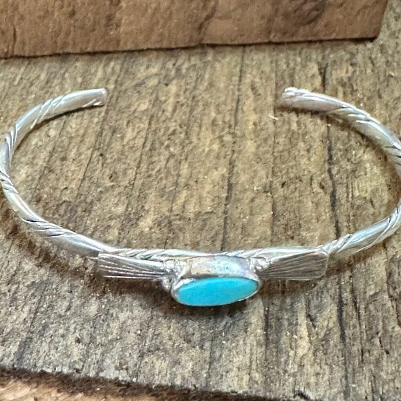 Navajo Sterling Silver & Kingman Turquoise Cuff Bracelet, Stamped - Picture 5 of 9